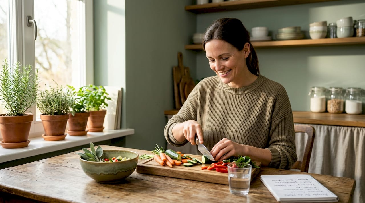 In ihrer gemütlichen Küche schneidet eine Frau frisches Gemüse für das Mittagessen.
