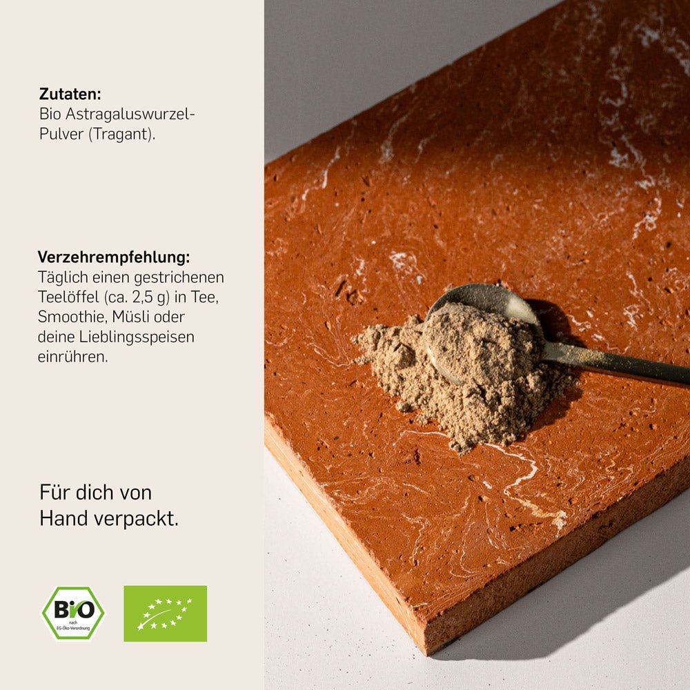 Kurkraft Bio Astragalus Pulver Anwendung – 1 Teelöffel täglich in Tee, Smoothie oder Suppe
