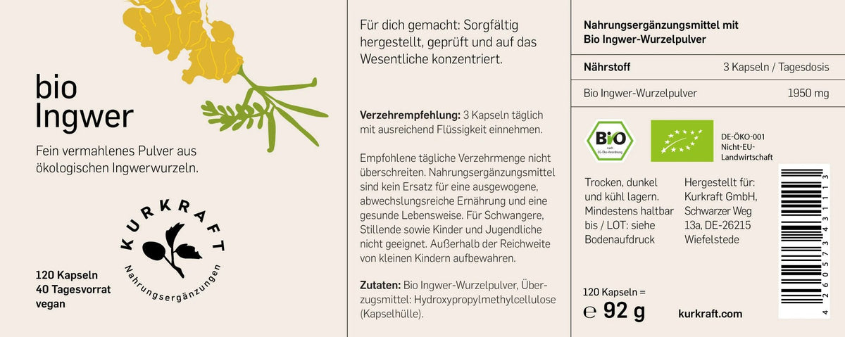 Etikett Bio Ingwer von Kurkraft mit Naehrwerttabelle, Zutatenliste und Verzehrempfehlung