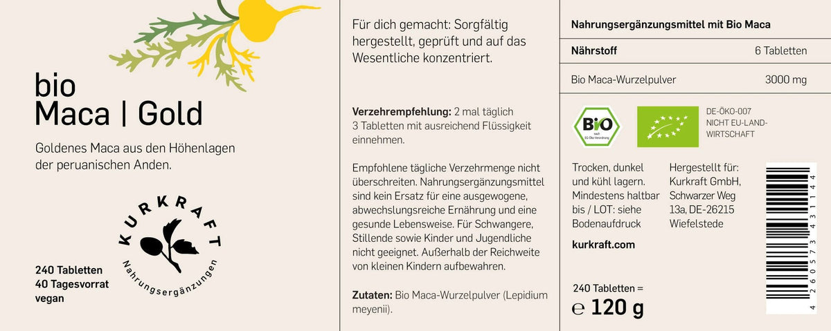 Etikett Bio Maca Gold von Kurkraft mit Naehrwerttabelle, Zutatenliste und Verzehrempfehlung