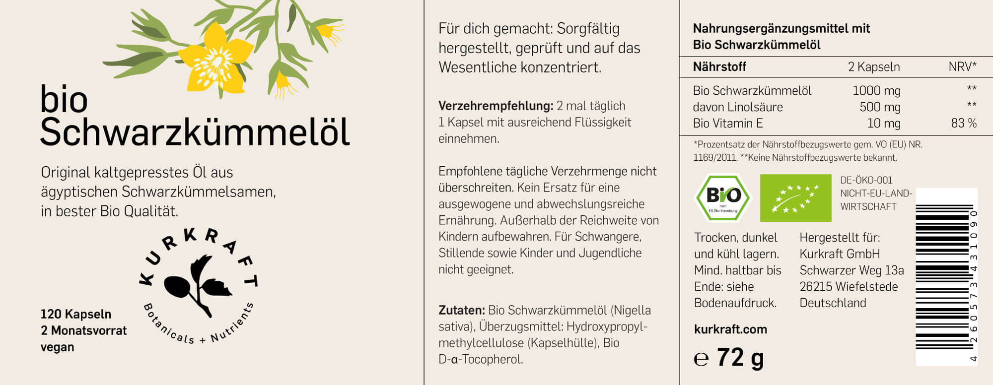 Kurkraft Bio Schwarzkümmelöl Etikett – Nährwerte, Linolsäure, Nigella sativa, Verzehrempfehlung