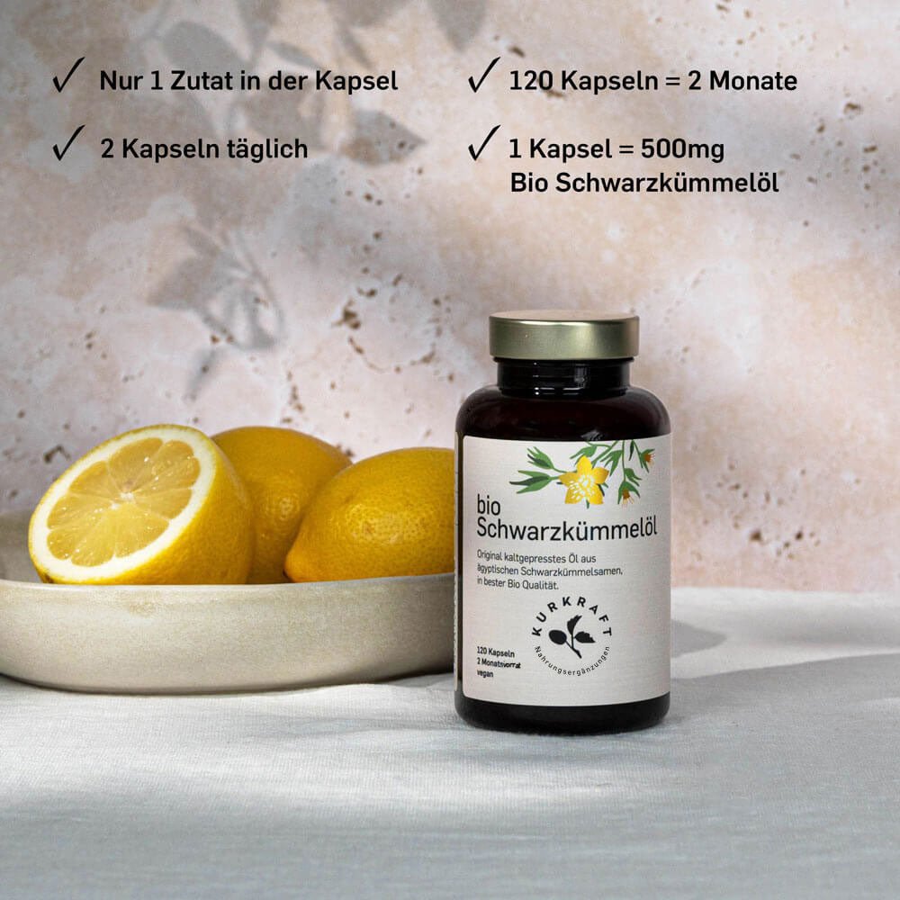 Kurkraft Bio Schwarzkümmelöl Dosierung – 2 Kapseln täglich, 1000 mg Öl, 120 Kapseln für 2 Monate