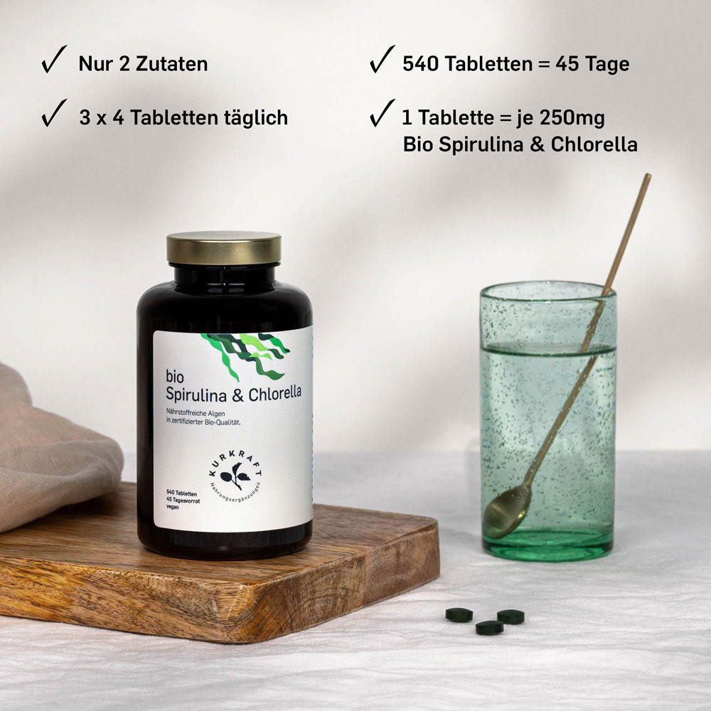 Kurkraft Bio Spirulina Chlorella Nährwerte – Spirulina platensis, Chlorella vulgaris, Verzehrempfehlung