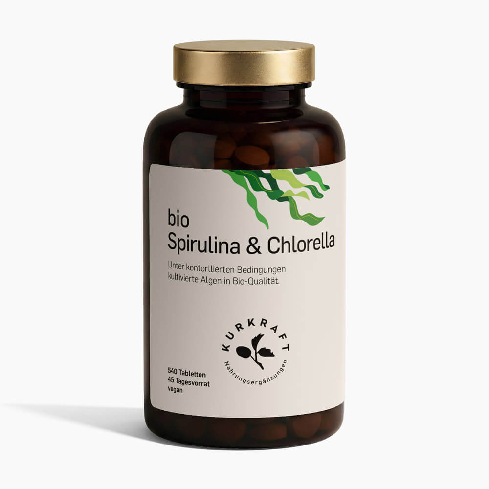 BIO SPIRULINA + CHLORELLA - Kurkraft - Bio Spirulina Tabletten – Frontansicht der Verpackung von Kurkraft