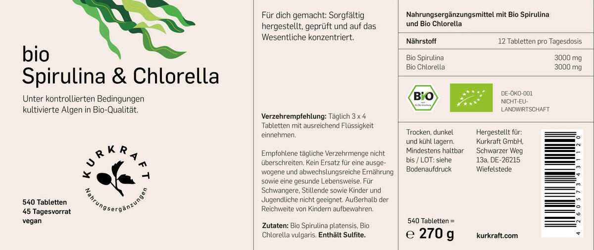 Etikett Bio Spirulina & Chlorella von Kurkraft mit Nährwerttabelle, Zutatenliste und Verzehrempfehlung