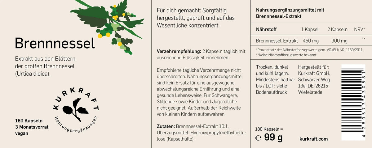 Etikett Brennnessel Kapseln von Kurkraft mit Naehrwerttabelle, Zutatenliste und Verzehrempfehlung
