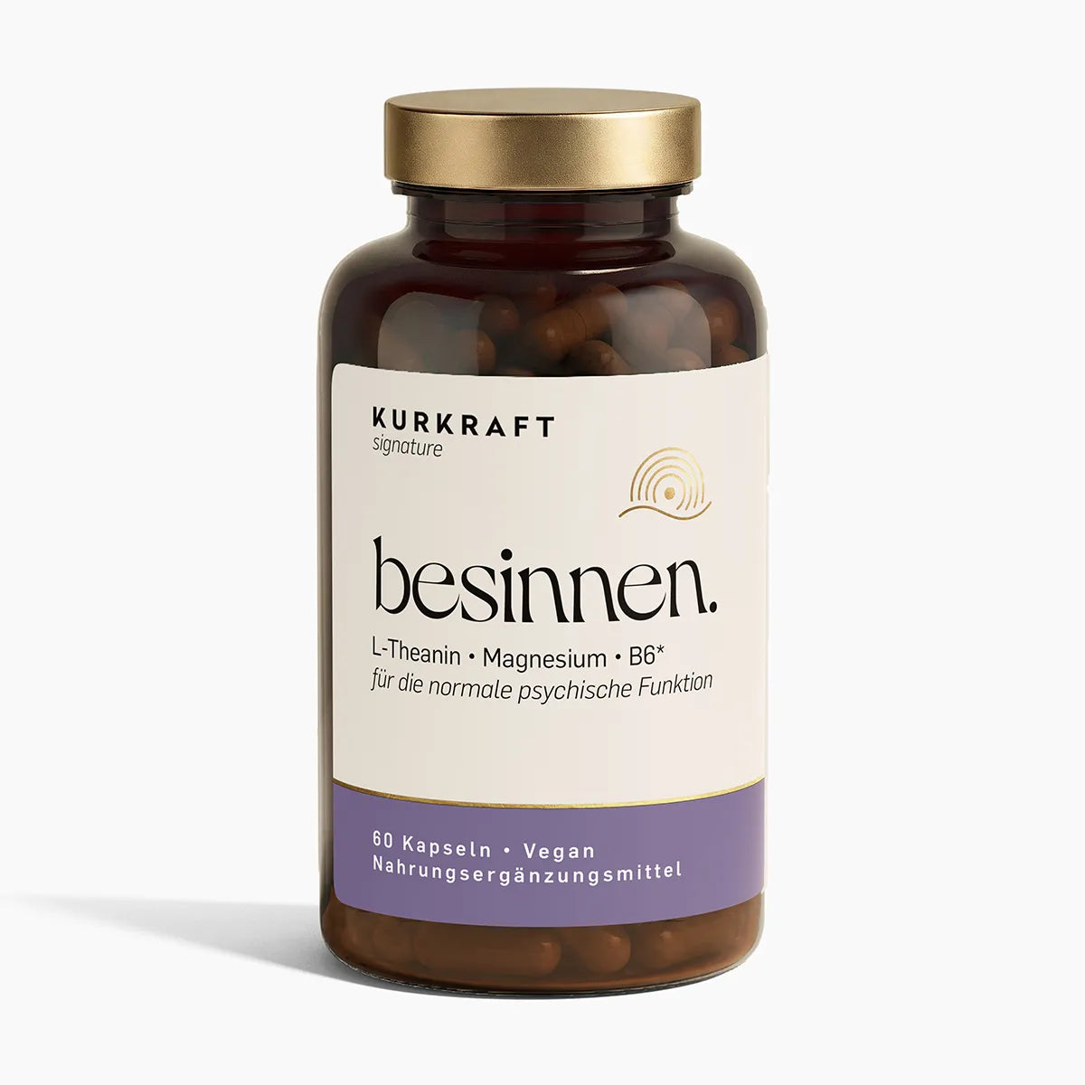 L-Theanin Kapseln besinnen von KURKRAFT signature – Braunglas-Dose mit Golddeckel, 60 Stück, vegan, mit Magnesium und Vitamin B6.