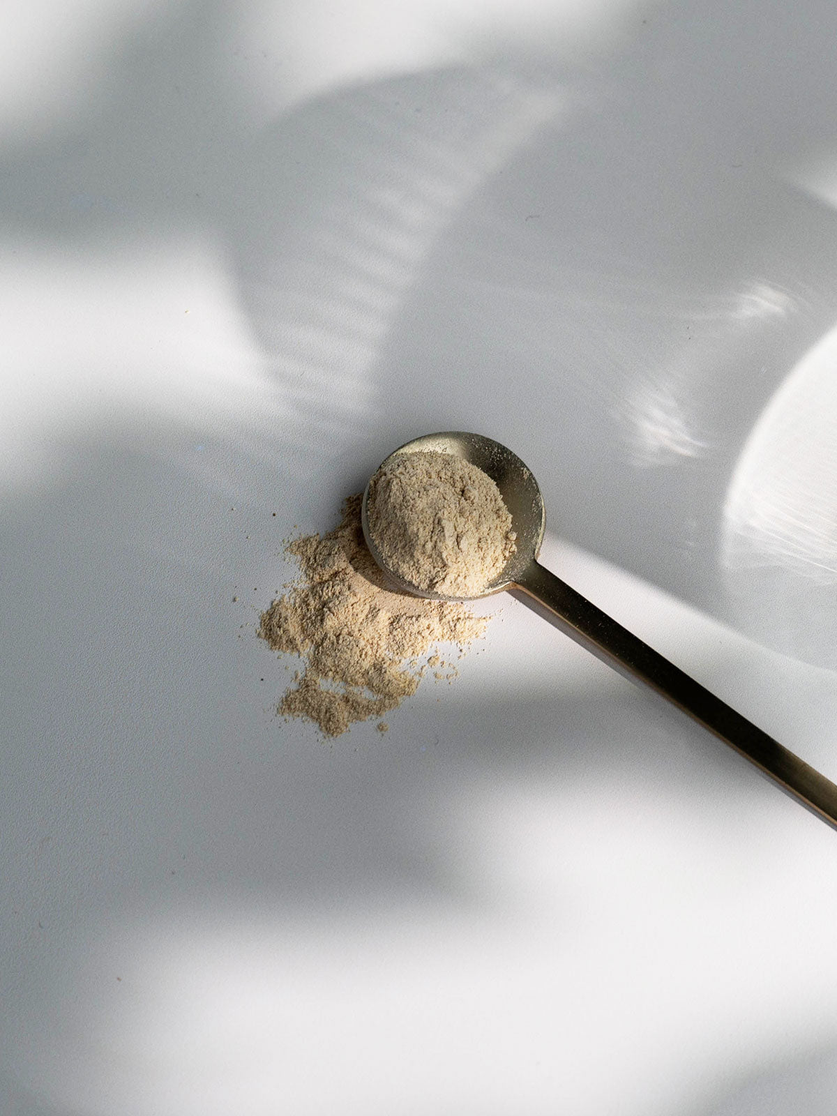 Fein gemahlenes Ashwagandha Pulver auf goldenem Löffel in natürlichem Licht