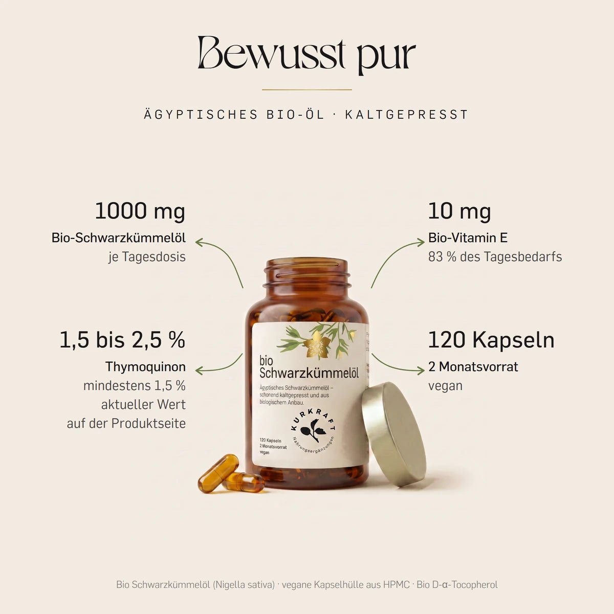 Kaltgepresstes Bio-Schwarzkümmelöl von KURKRAFT: 1000 mg je Tagesdosis, 2450 mg Thymoquinon je 100 g Öl, 10 mg Vitamin E, 120 Kapseln für 2 Monate, vegan.