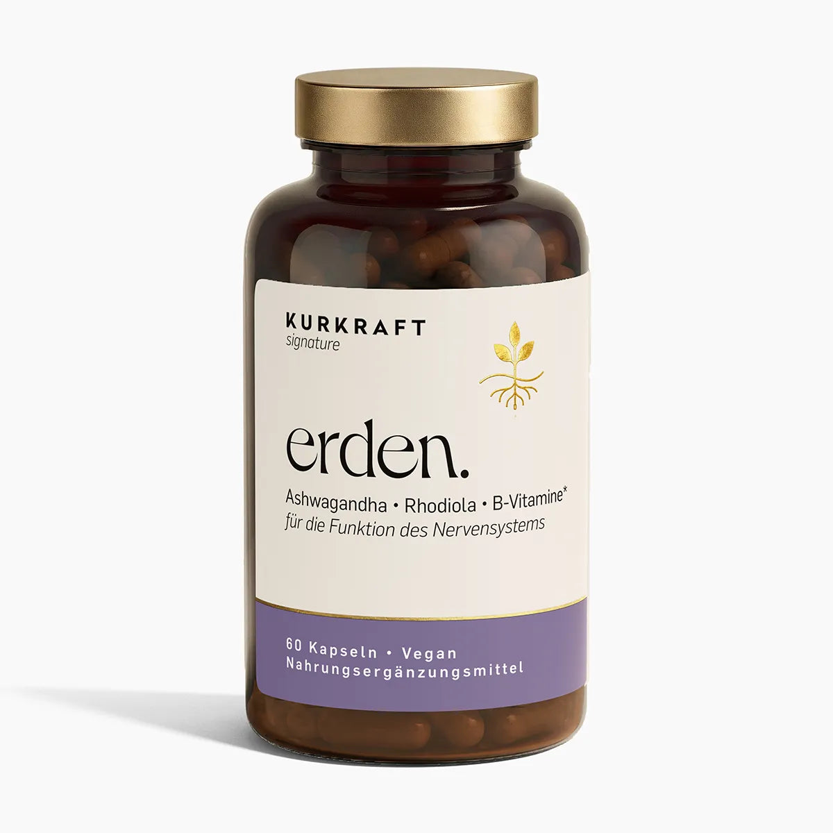 Ashwagandha Kapseln erden von KURKRAFT signature – Braunglas-Dose mit Golddeckel, 60 Stück, vegan, mit Rhodiola und B-Vitaminen.