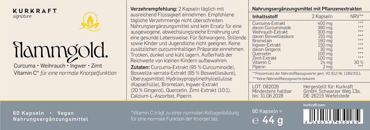 Etikett der flammgold Dose von KURKRAFT: Zutatenliste mit Curcuma- und Boswellia-serrata-Extrakt, Verzehrempfehlung, Nährwerttabelle, 60 vegane Kapseln.