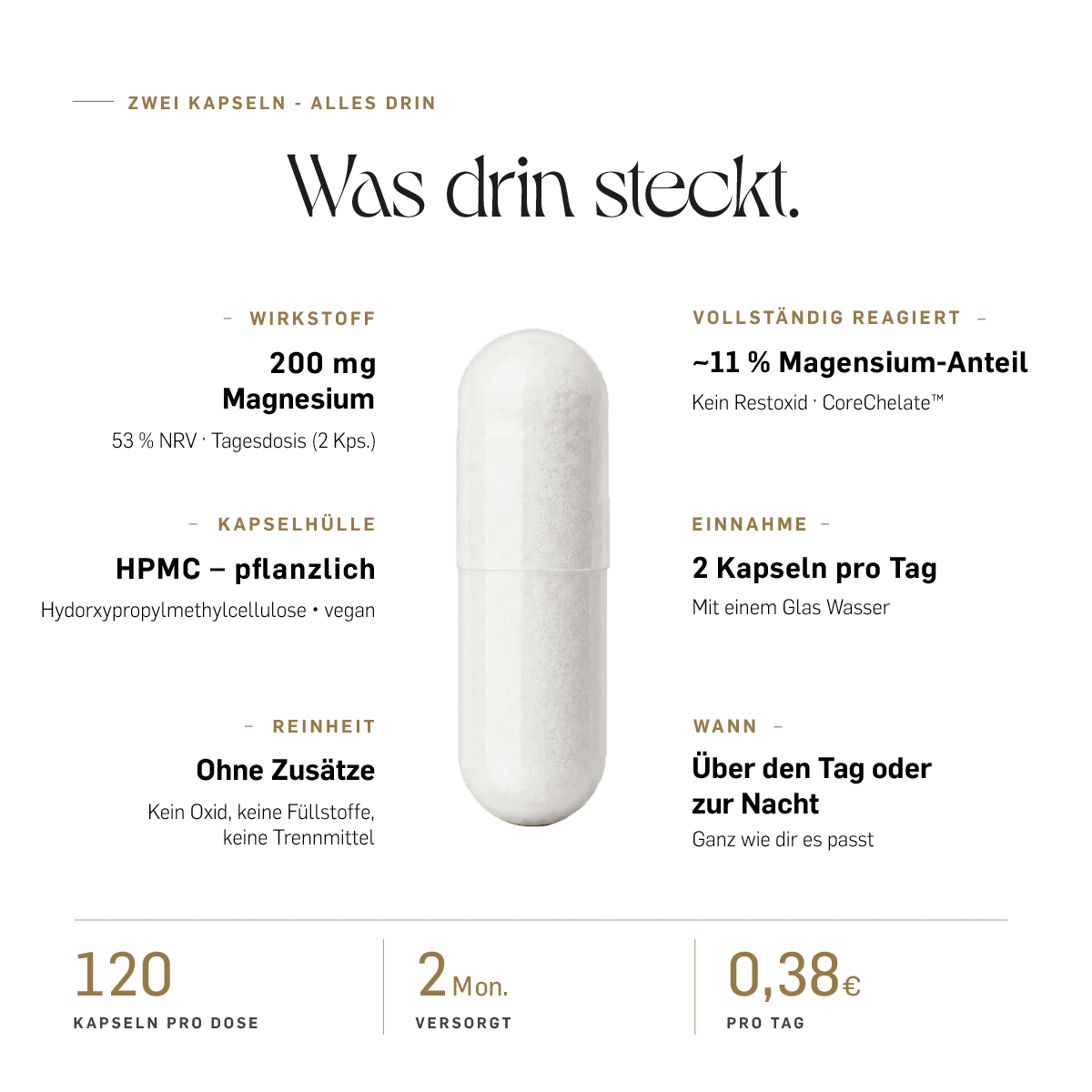 MAGNESIUM BISGLYCINAT - Kurkraft - Magnesium Bisglycinat Dosierung und Einnahme: 200 mg aus 2 veganen HPMC-Kapseln täglich, 53 Prozent NRV, ohne Zusätze, 120 Stück pro Dose.