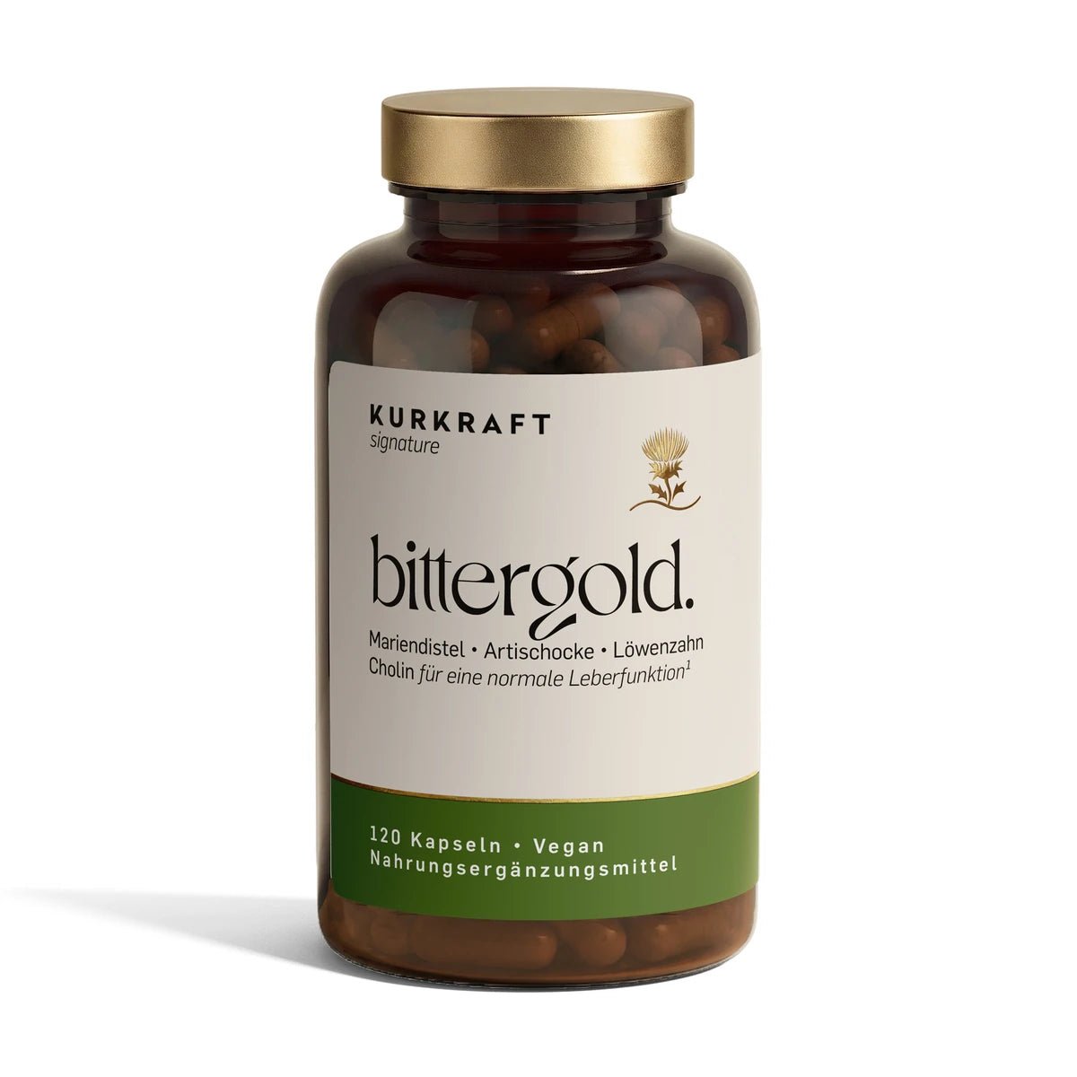 bittergold. Kapseln von Kurkraft signature, Braunglas mit goldenem Deckel: Mariendistel, Artischocke, Löwenzahn und Cholin, 120 Kapseln, vegan