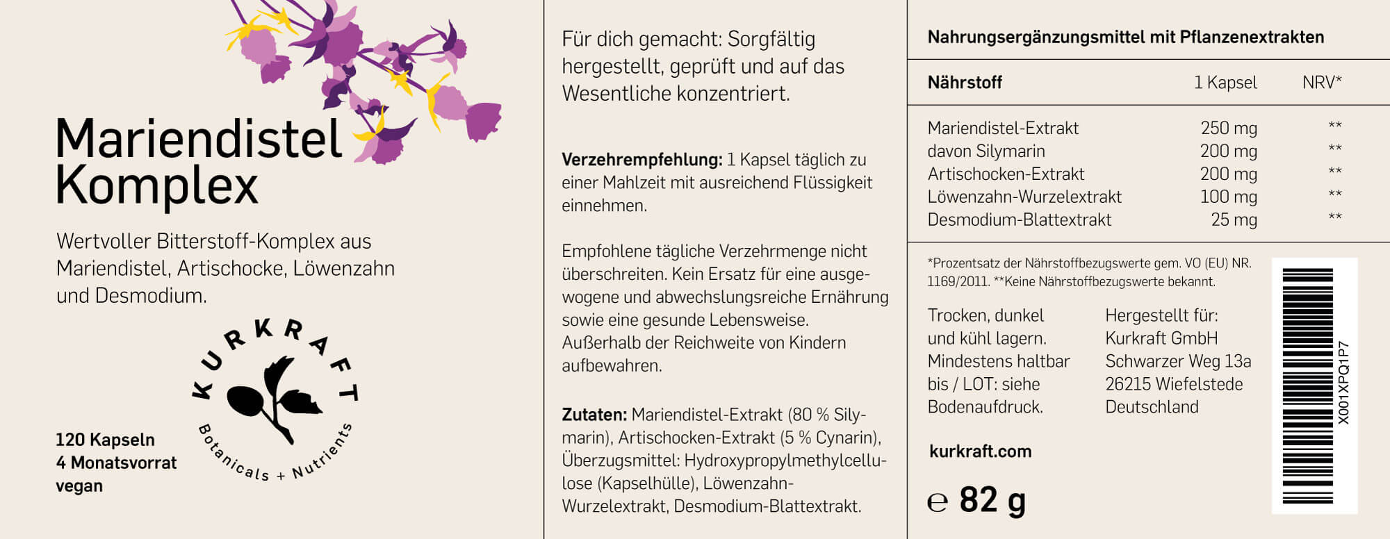 Kurkraft Mariendistel Komplex Etikett – Zutaten, Silymarin, Cynarin und Verzehrempfehlung
