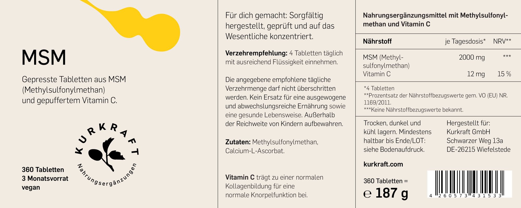 Kurkraft MSM Tabletten Etikett – Nährwerte, Methylsulfonylmethan, Vitamin C, Verzehrempfehlung