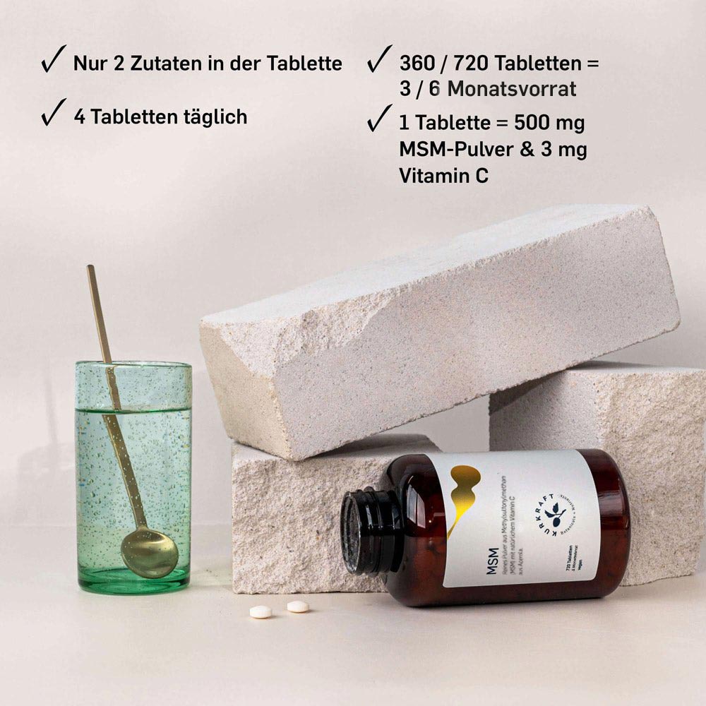 Kurkraft MSM Dosierung – 4 Tabletten täglich, 360 oder 720 Tabletten, 3 bis 6 Monate Vorrat