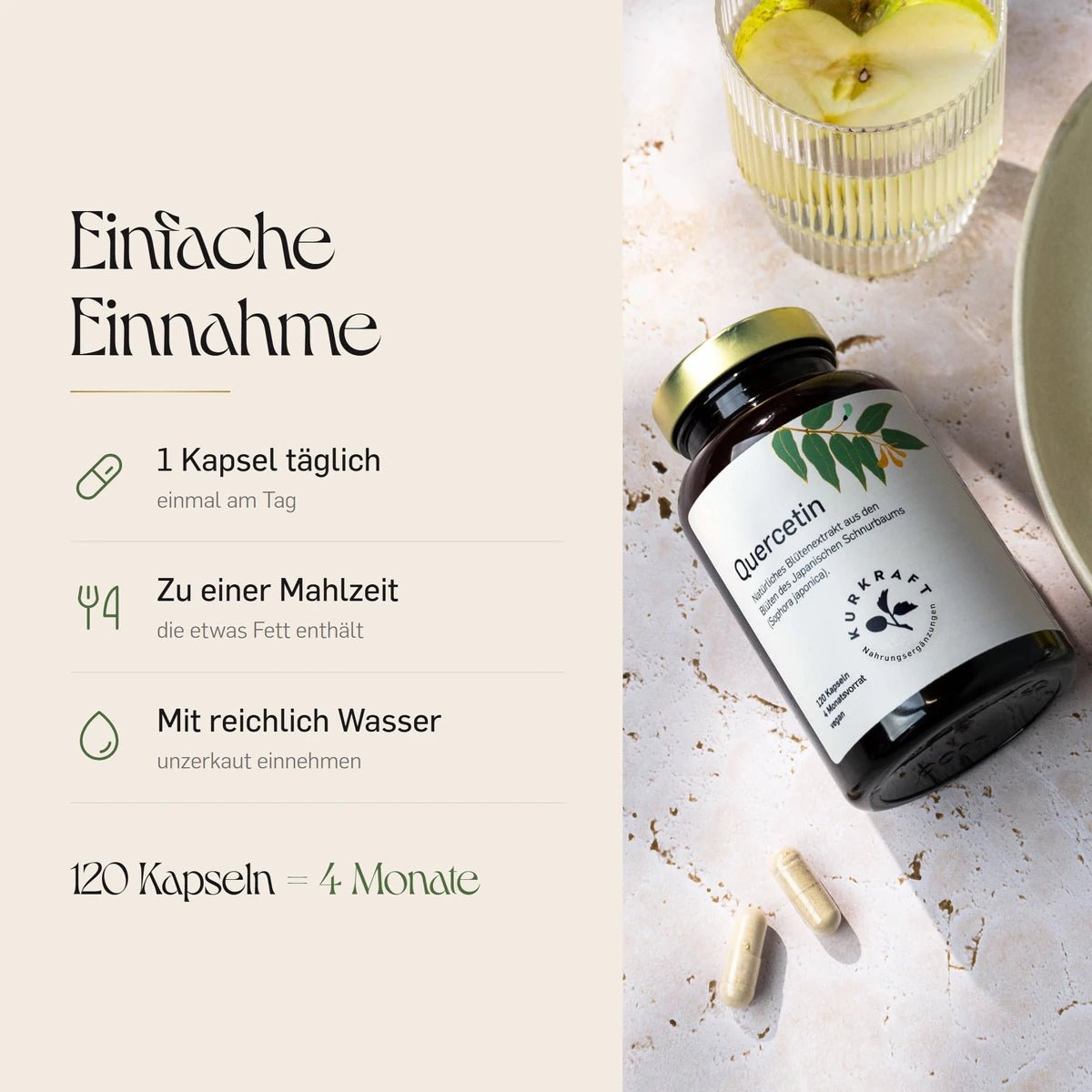 Quercetin Kapseln im Vergleich: zwei Zutaten ohne Fliessmittel, mindestens 95 Prozent Quercetin, reines Quercetin statt Komplex