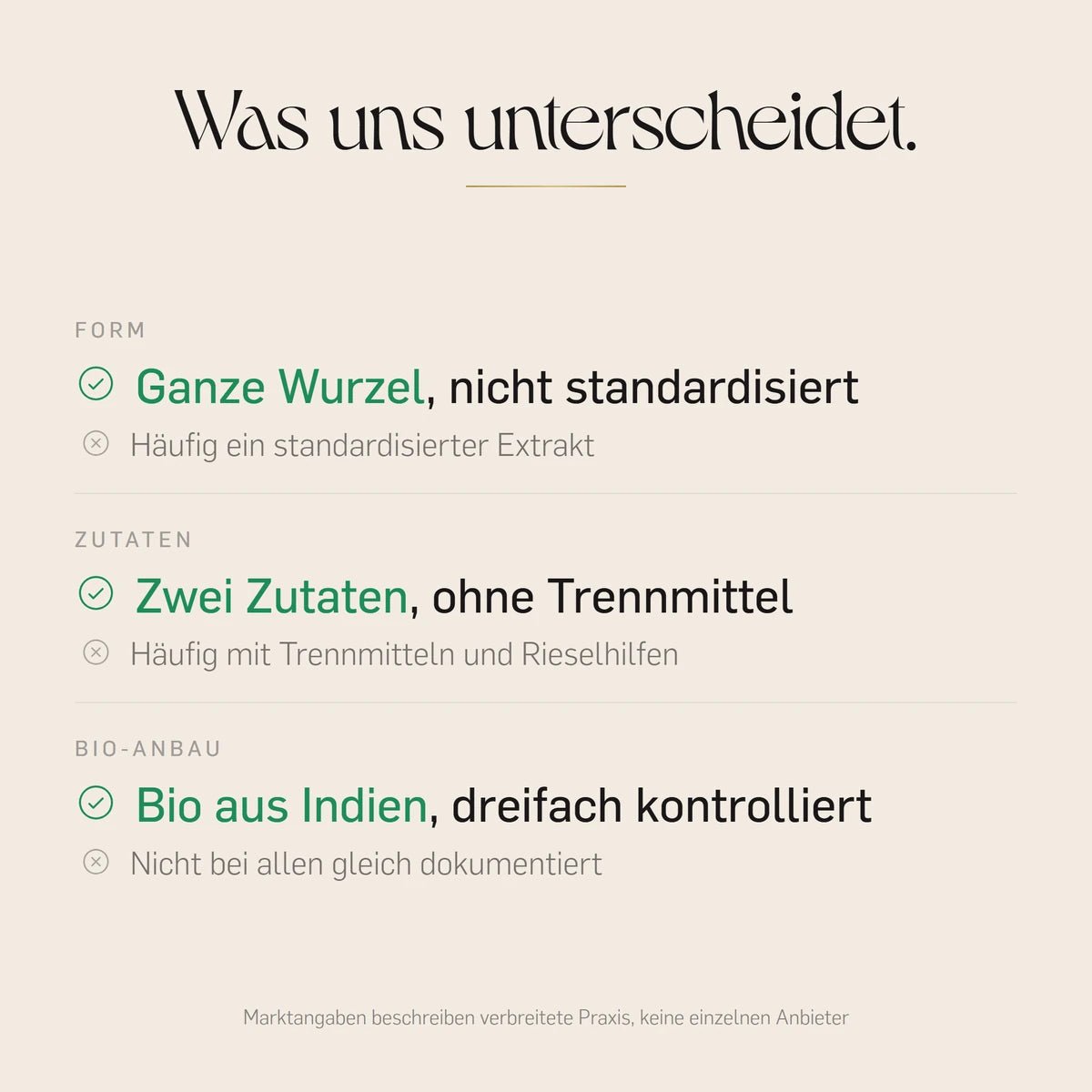Bio Shatavari Kapseln im Vergleich: ganze Wurzel statt standardisiertem Extrakt, zwei Zutaten ohne Trennmittel, Bio-Anbau in Indien dreifach kontrolliert