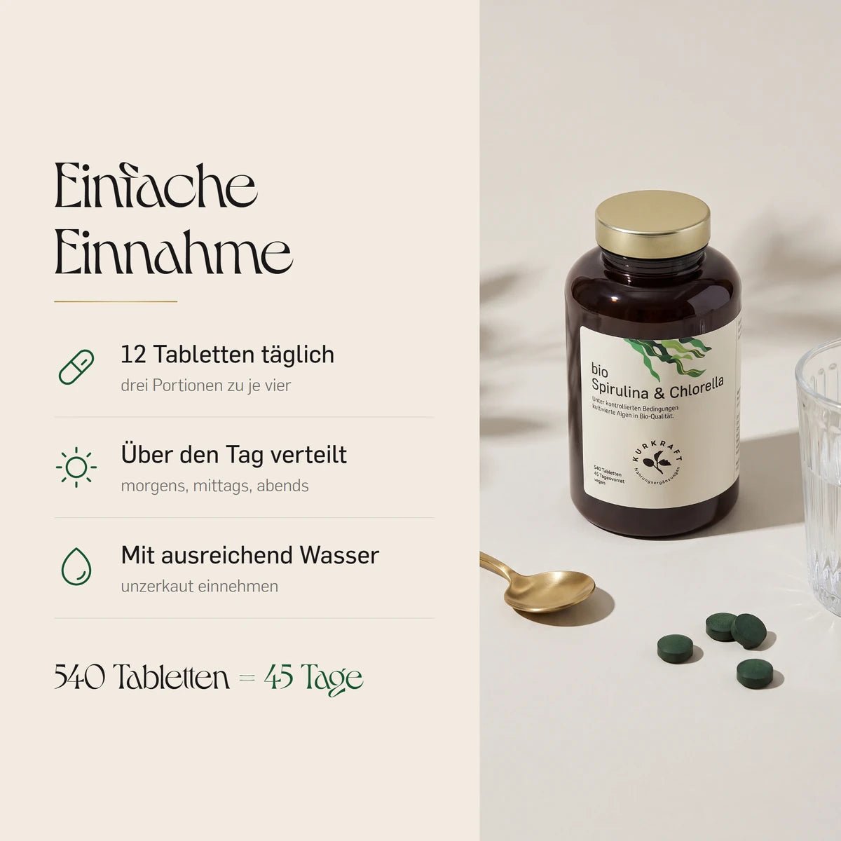 Einnahme der Spirulina Chlorella Tabletten: 12 Tabletten täglich in drei Portionen zu je vier, mit Wasser