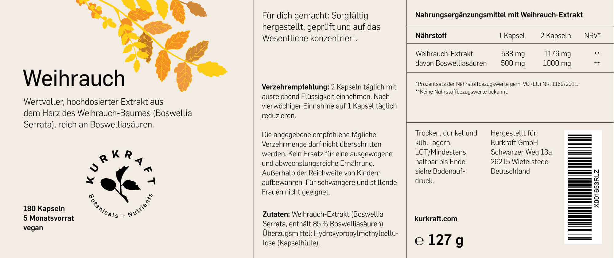 Kurkraft Weihrauch Etikett – Nährwerte, Zutaten Boswellia Serrata 85%, Verzehrempfehlung