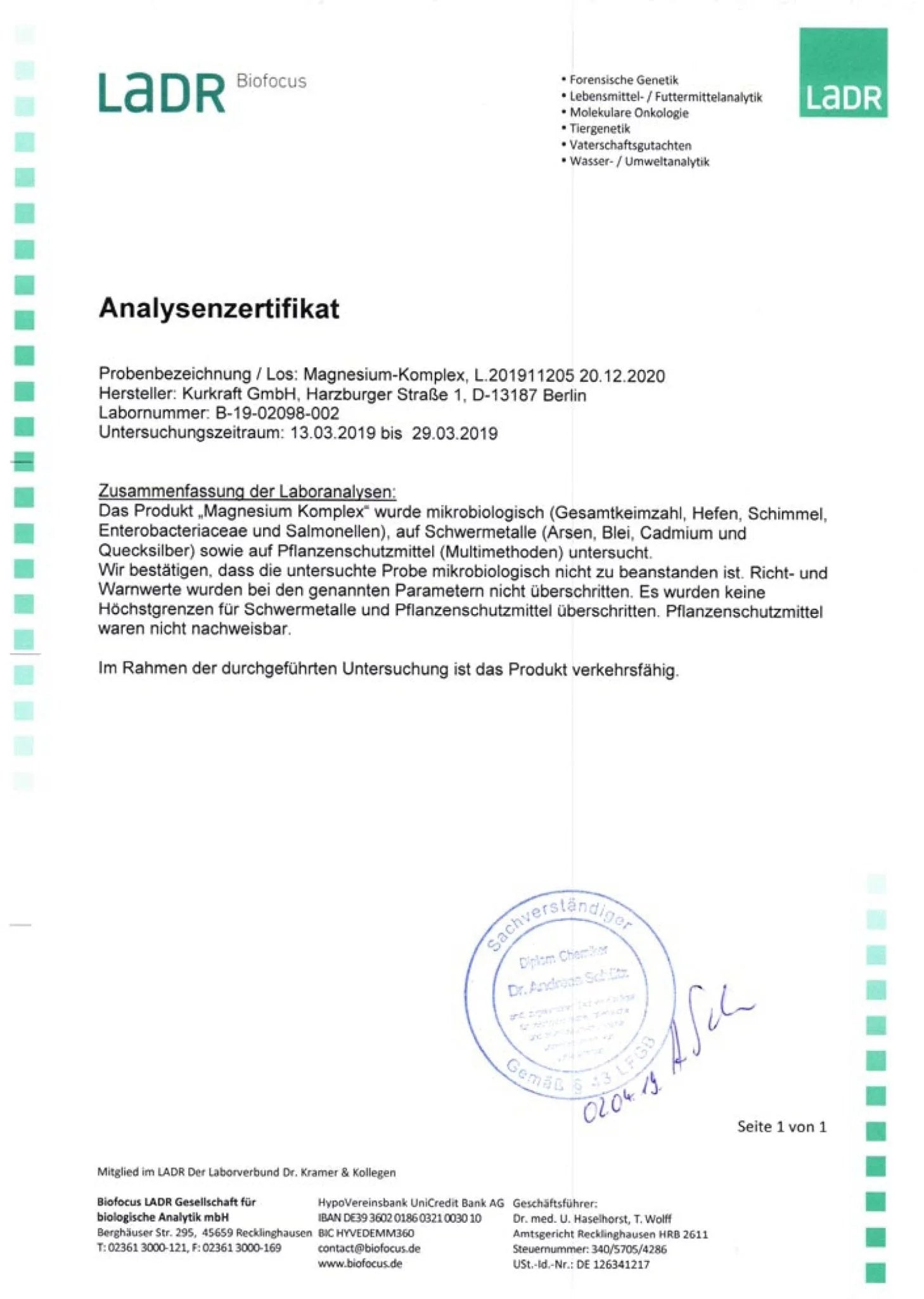 LADR Analysezertifikat für Kurkraft Magnesium Komplex – Magnesiumgehalt laborgeprüft in DE