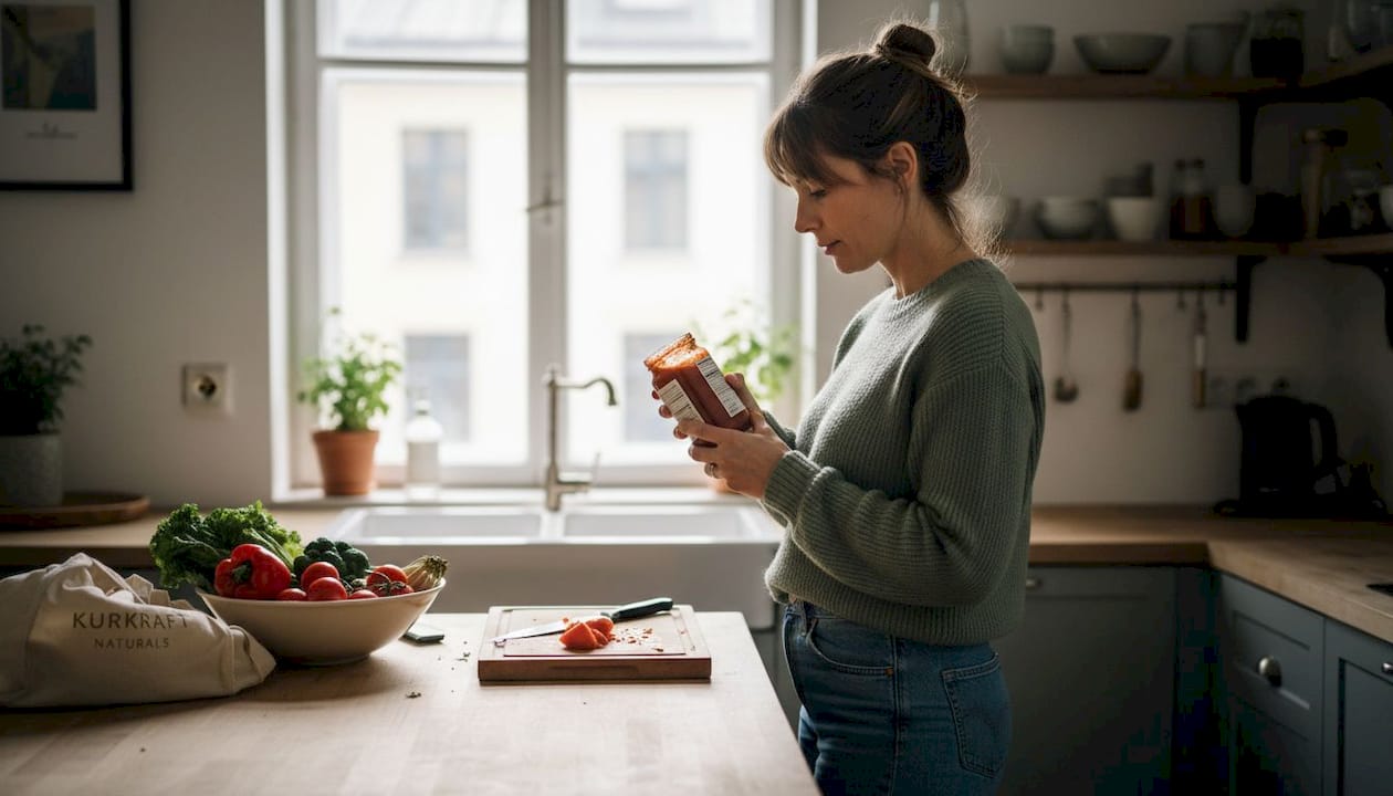 Eine Frau prüft die Zutatenliste in ihrer Küche, um sicherzugehen, was sie für ihr Rezept benötigt.
