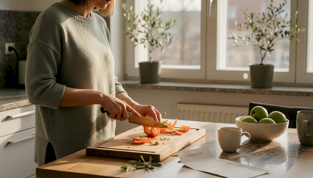Eine Frau schnippelt frisches Gemüse in ihrer Küche.