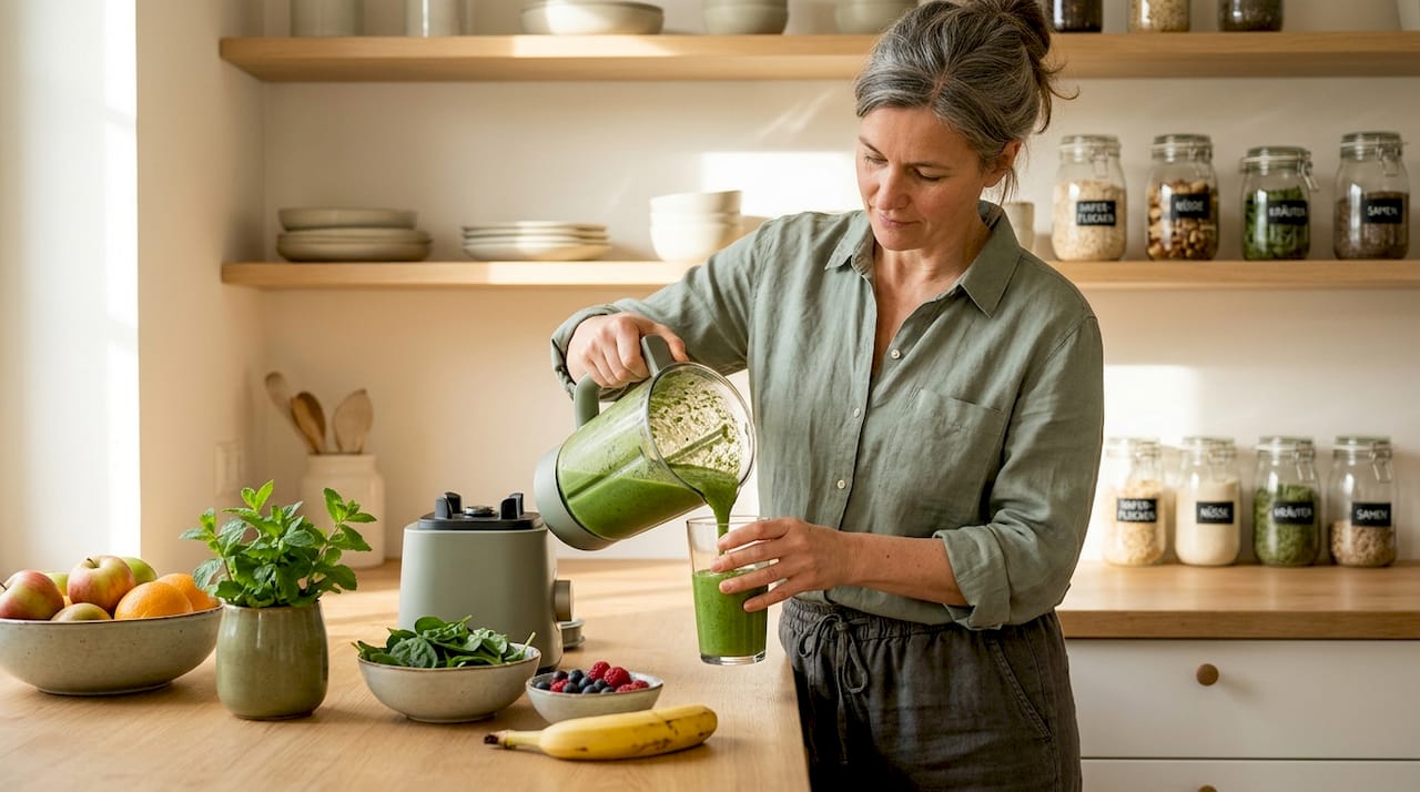 Eine Frau mittleren Alters mixt sich in ihrer Küche einen gesunden Smoothie.