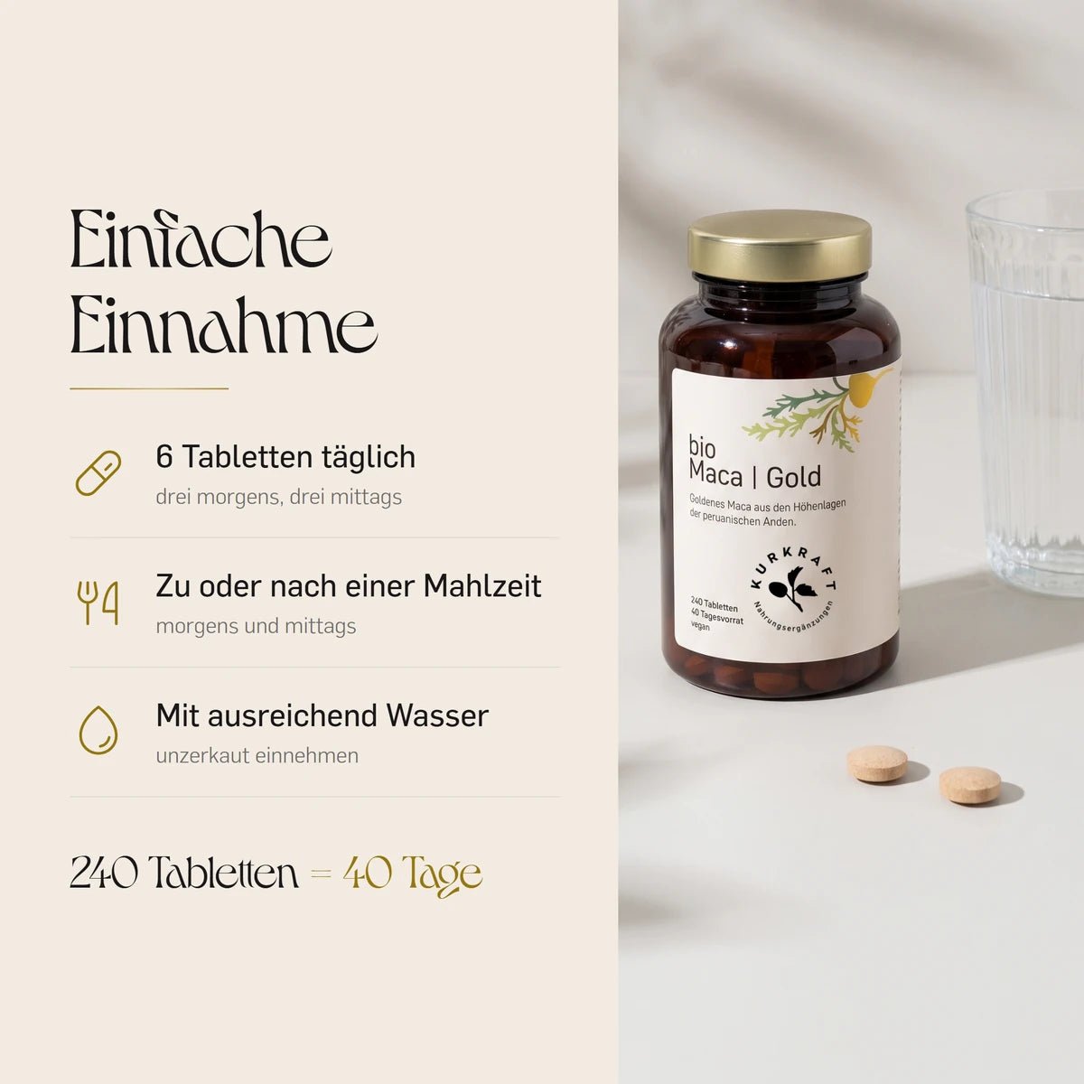 Einnahme der Maca Gold Tabletten: 6 Tabletten taeglich, drei morgens und drei mittags zu oder nach einer Mahlzeit
