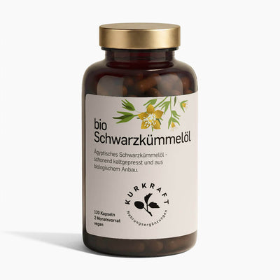 Kurkraft Bio Schwarzkümmelöl Kapseln 120 Stück – kaltgepresst aus Ägypten, 2,45% Thymoquinon, vegan