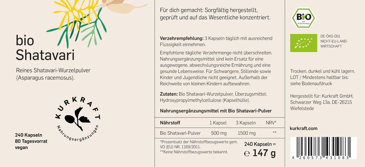 Etikett Bio Shatavari von Kurkraft mit Nährwerttabelle, Zutatenliste und Verzehrempfehlung