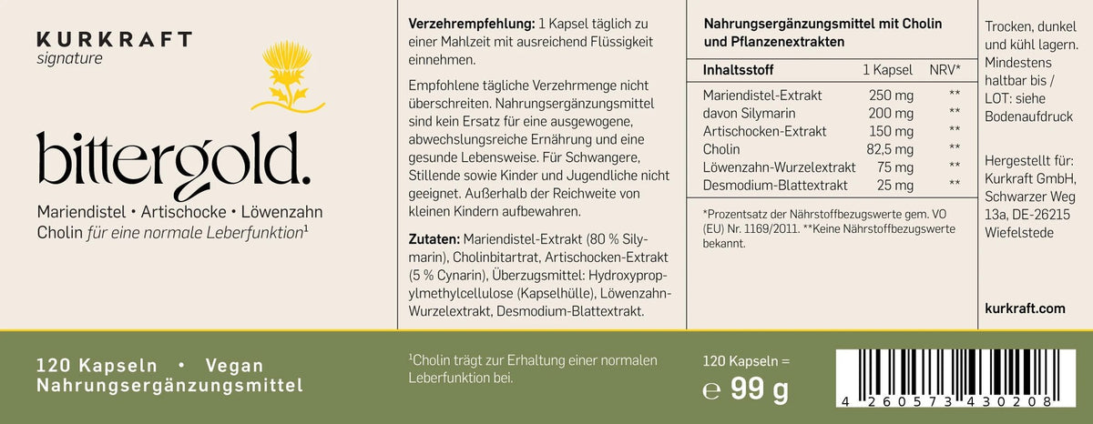Etikett von bittergold. mit Nährwerttabelle je Kapsel, Zutatenliste, Verzehrempfehlung und dem Hinweis zu Cholin