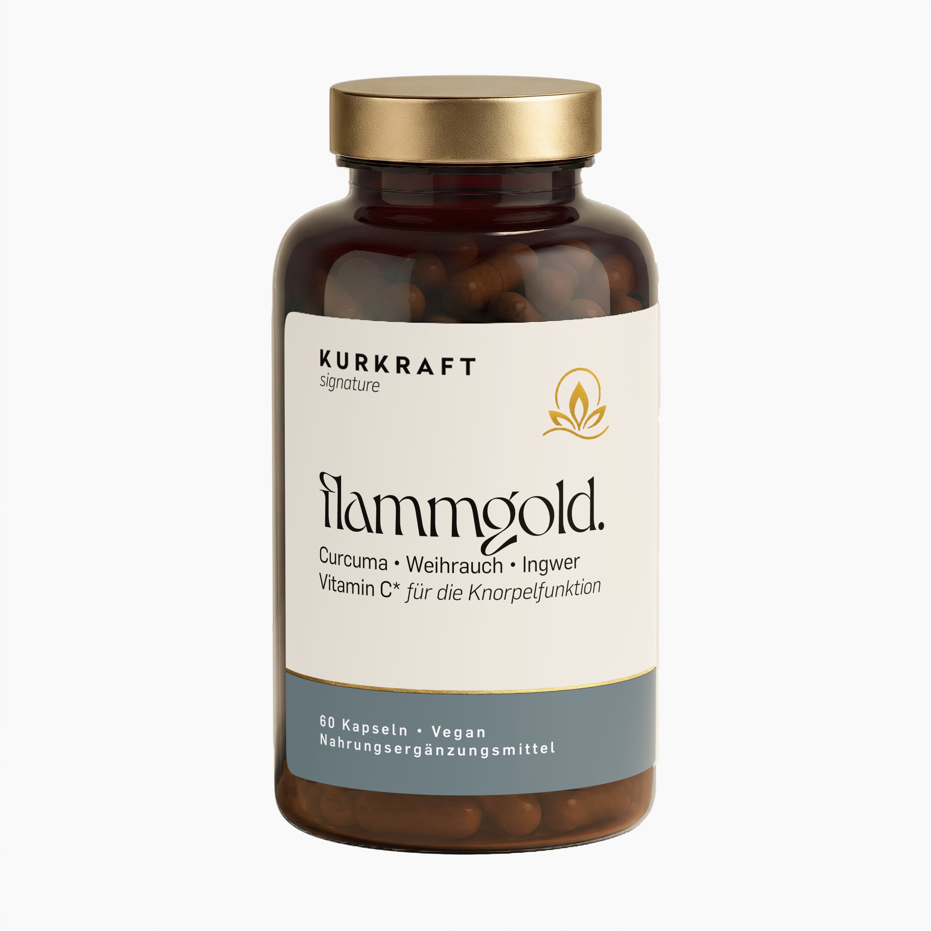 Kurkuma Weihrauch Kapseln flammgold von KURKRAFT signature – Braunglas-Dose mit Golddeckel, 60 Stück, vegan, mit Ingwer und Vitamin C.