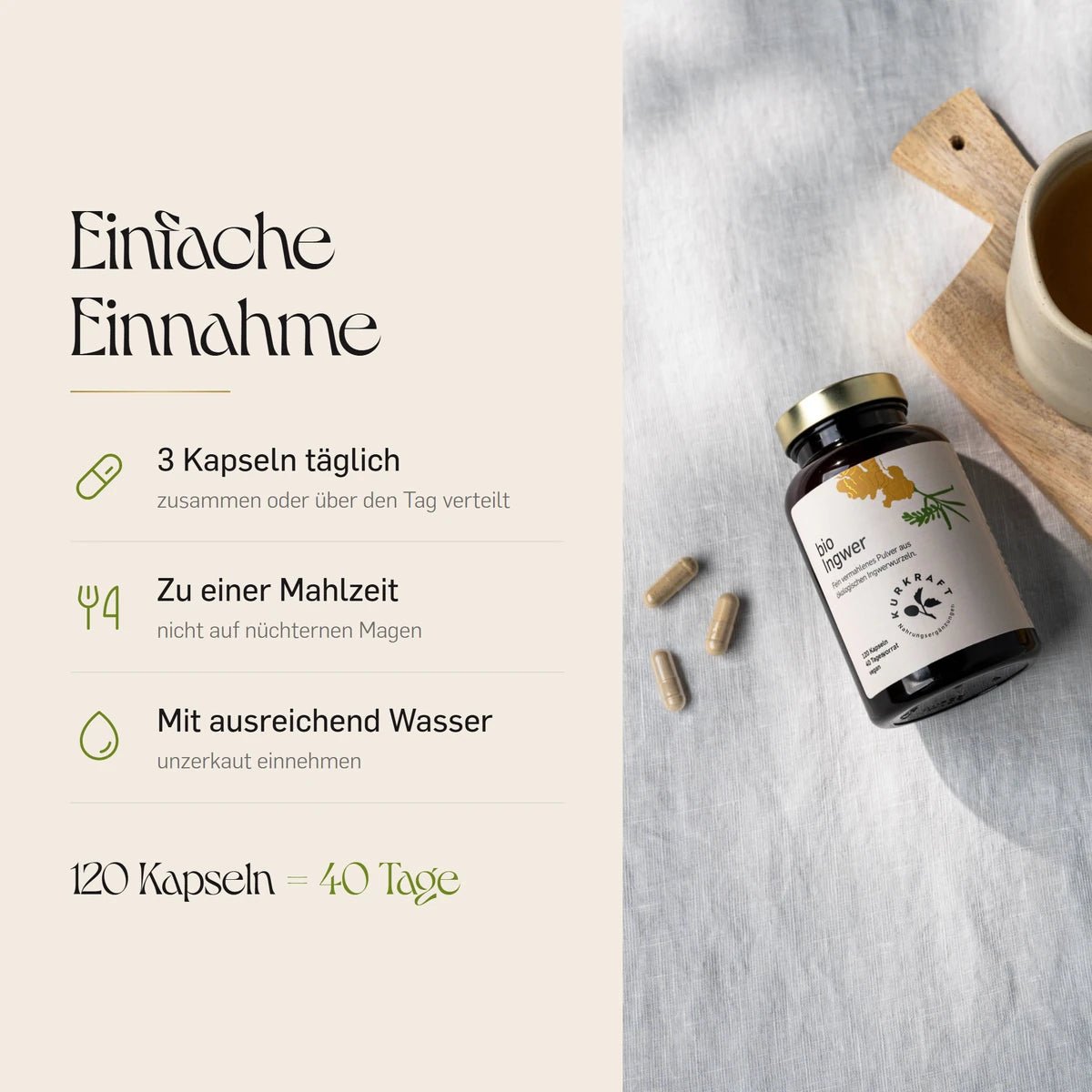 Einnahme der Bio Ingwer Kapseln: 3 Kapseln taeglich zu einer Mahlzeit mit ausreichend Wasser, 120 Kapseln fuer 40 Tage