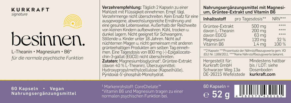Etikett der besinnen Dose von KURKRAFT: Grüntee-Extrakt mit 40 % L-Theanin in der Zutatenliste, EGCG-Hinweis, Nährstofftabelle, 60 vegane Kapseln.