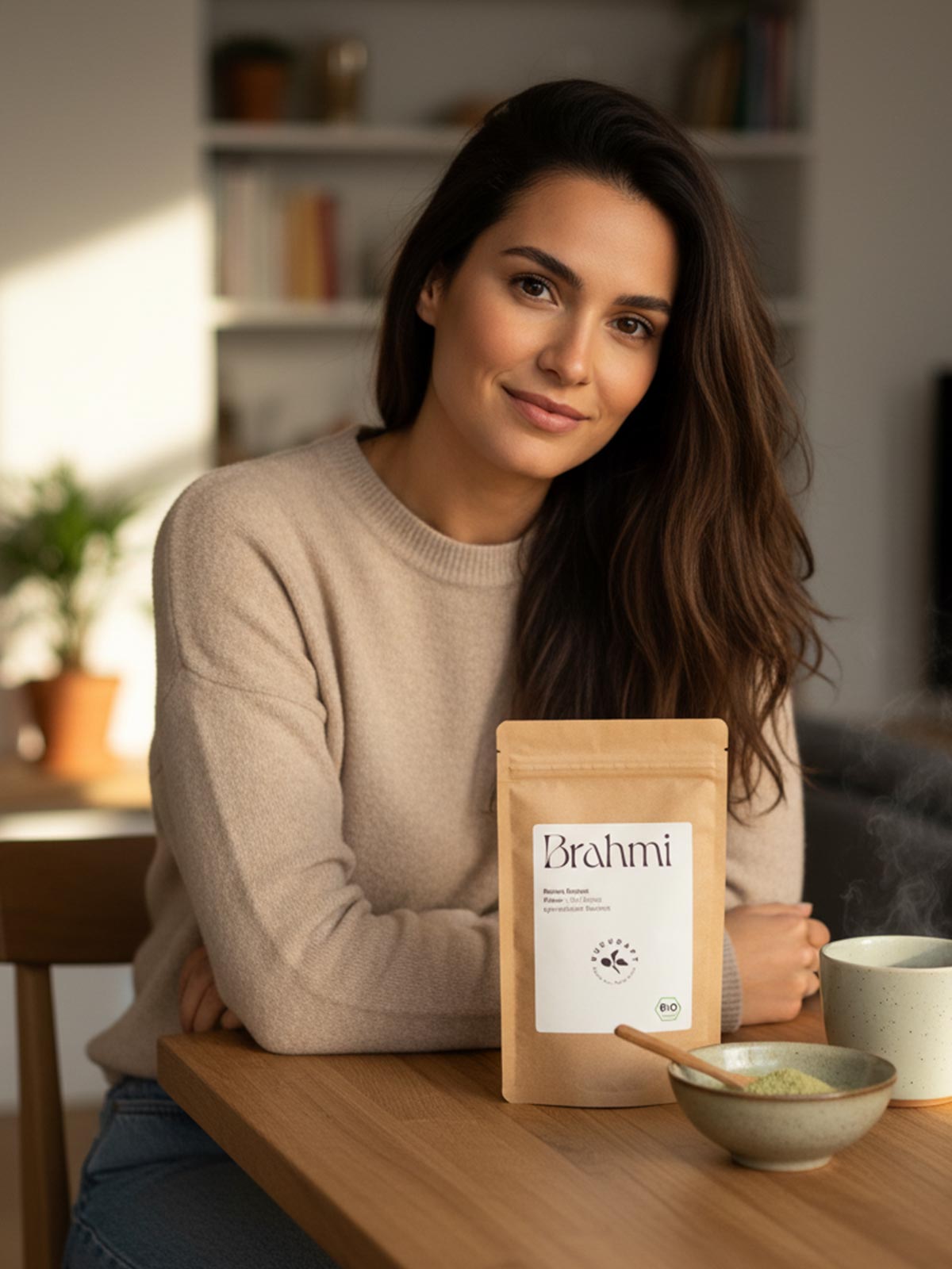 Frau sitzt entspannt am Tisch mit Kurkraft Bio Brahmi Pulver – ayurvedisches Pflanzenpulver für Fokus, mentale Balance und innere Ruhe.