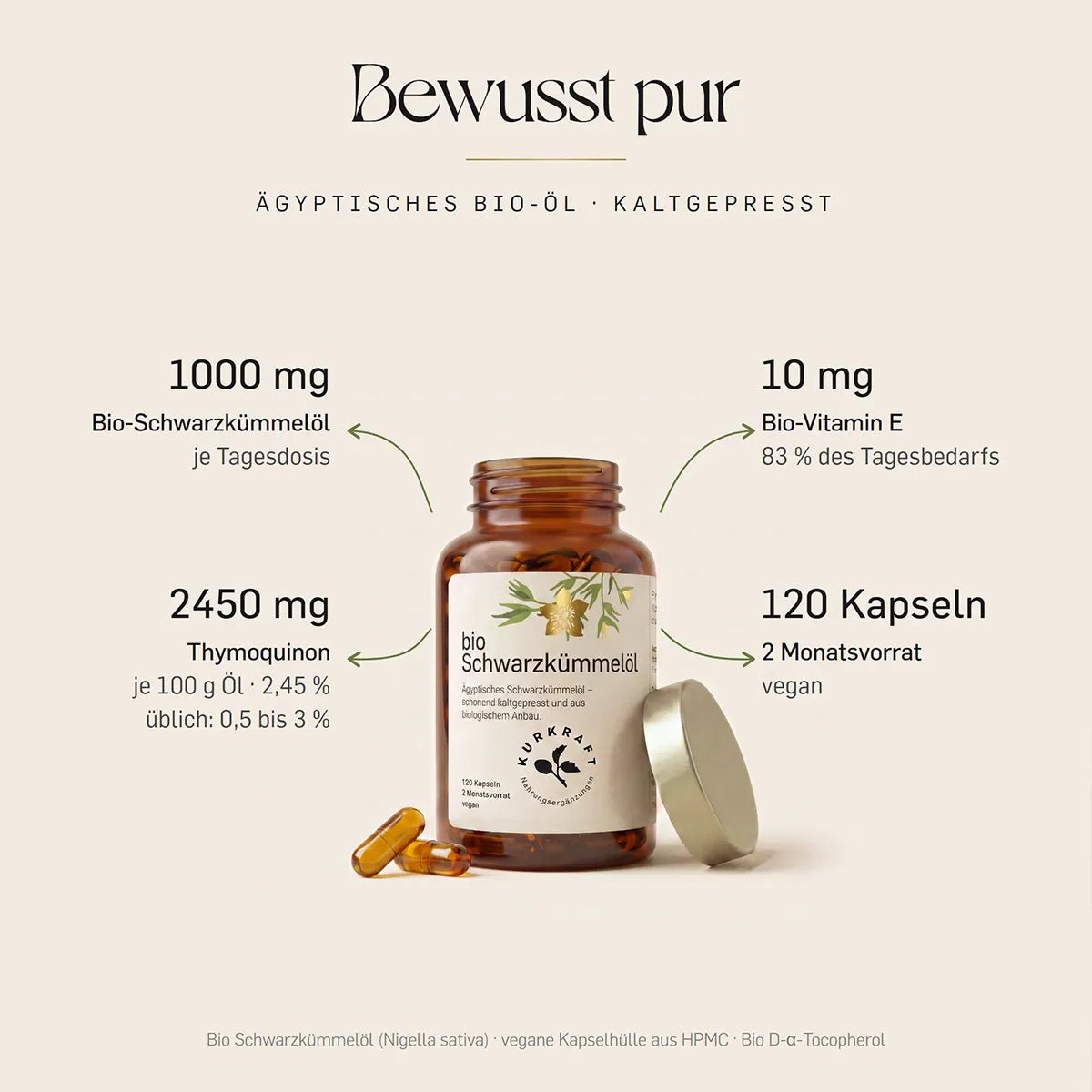 Kaltgepresstes Bio-Schwarzkümmelöl von KURKRAFT: 1000 mg je Tagesdosis, 2450 mg Thymoquinon je 100 g Öl, 10 mg Vitamin E, 120 Kapseln für 2 Monate, vegan.