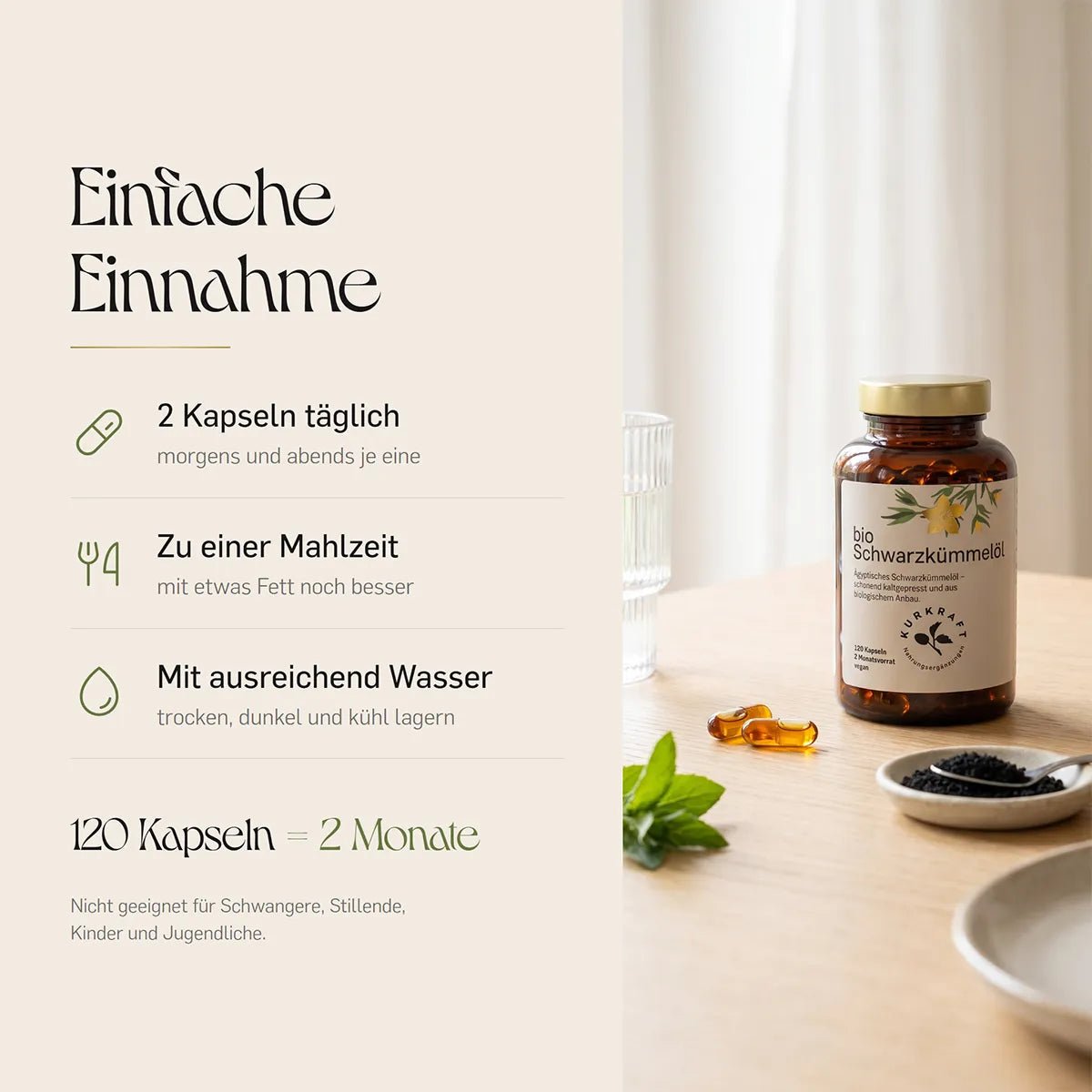 Schwarzkümmelöl Kapseln von KURKRAFT – Einnahme: morgens und abends je eine zu einer Mahlzeit mit etwas Öl oder Butter. Dose neben Schwarzkümmelsamen.
