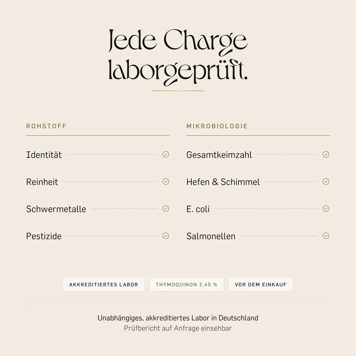 Schwarzkümmelöl laborgeprüft: jede Charge auf Identität, Reinheit, Schwermetalle, Pestizide, Keimzahl, Hefen, Schimmel, E. coli und Salmonellen getestet.