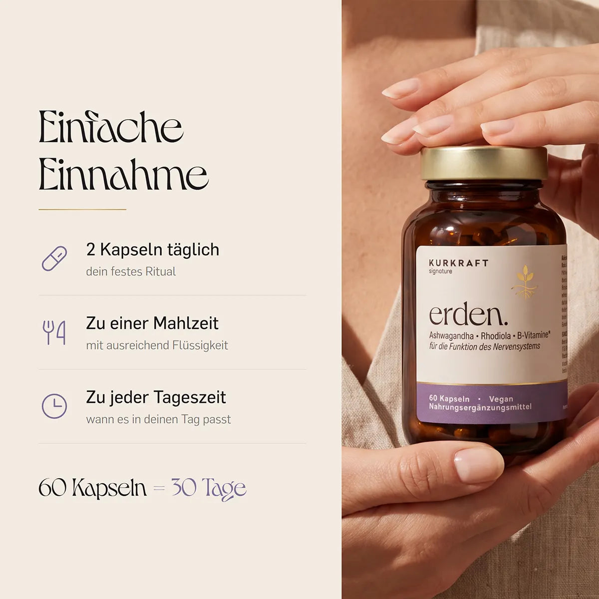 Ashwagandha Rhodiola Kapseln erden – Einnahme: täglich 2 Stück zu einer Mahlzeit, zu jeder Tageszeit. Frau in Leinenbluse hält die Braunglas-Dose in ihren Händen.