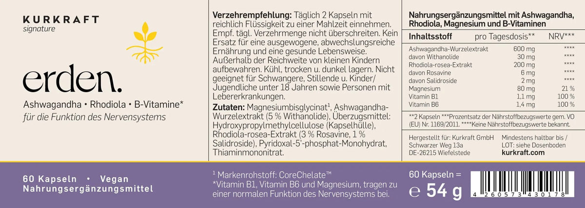 Etikett der erden Dose von KURKRAFT: Zutatenliste mit Ashwagandha- und Rhodiola-rosea-Extrakt, Verzehrempfehlung, Nährstofftabelle, 60 vegane Kapseln