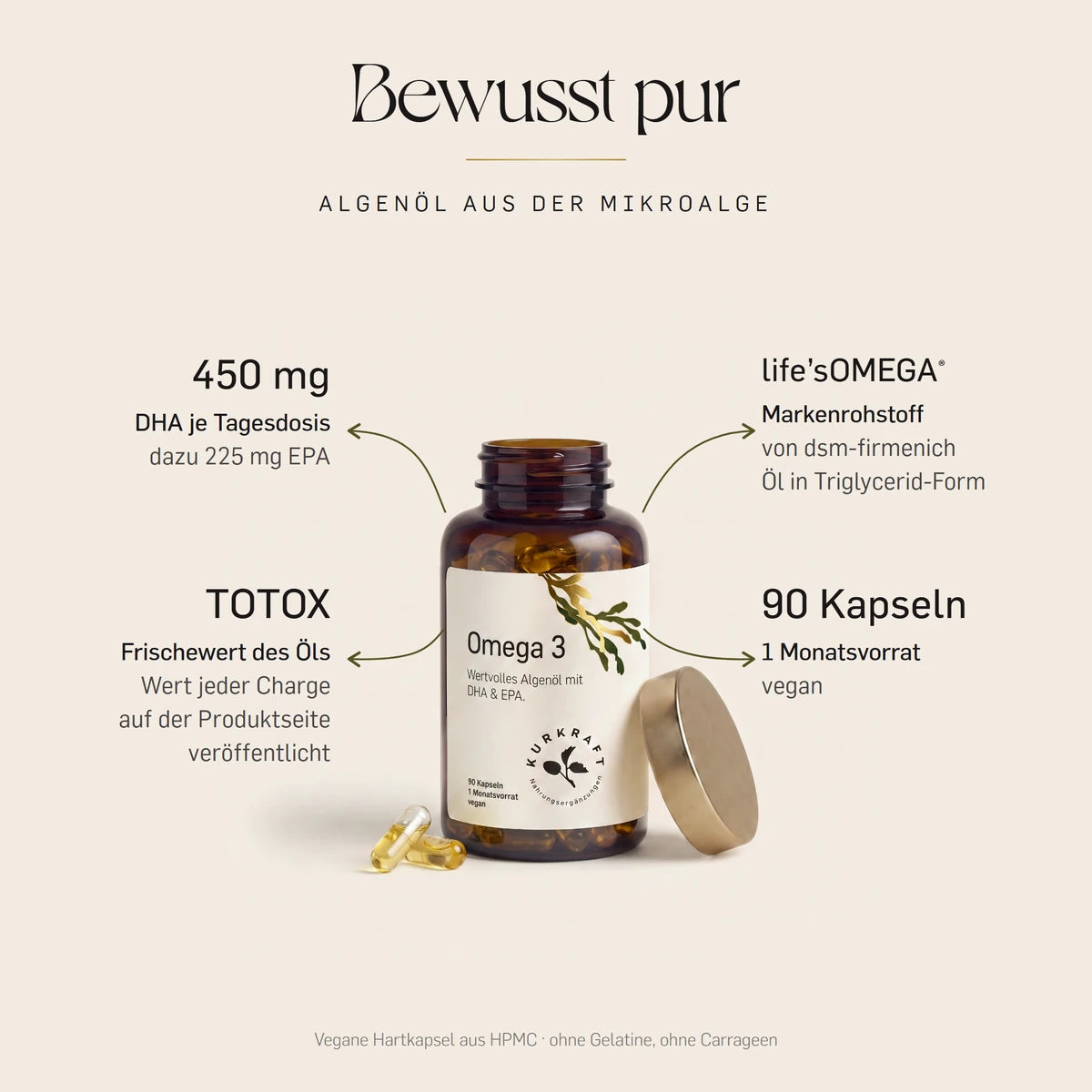 Omega 3 Algenöl Kapseln vegan von KURKRAFT: geöffnete Braunglas-Dose mit Golddeckel, 450 mg DHA und 225 mg EPA je Tagesdosis, Triglycerid-Form, 90 Stück.