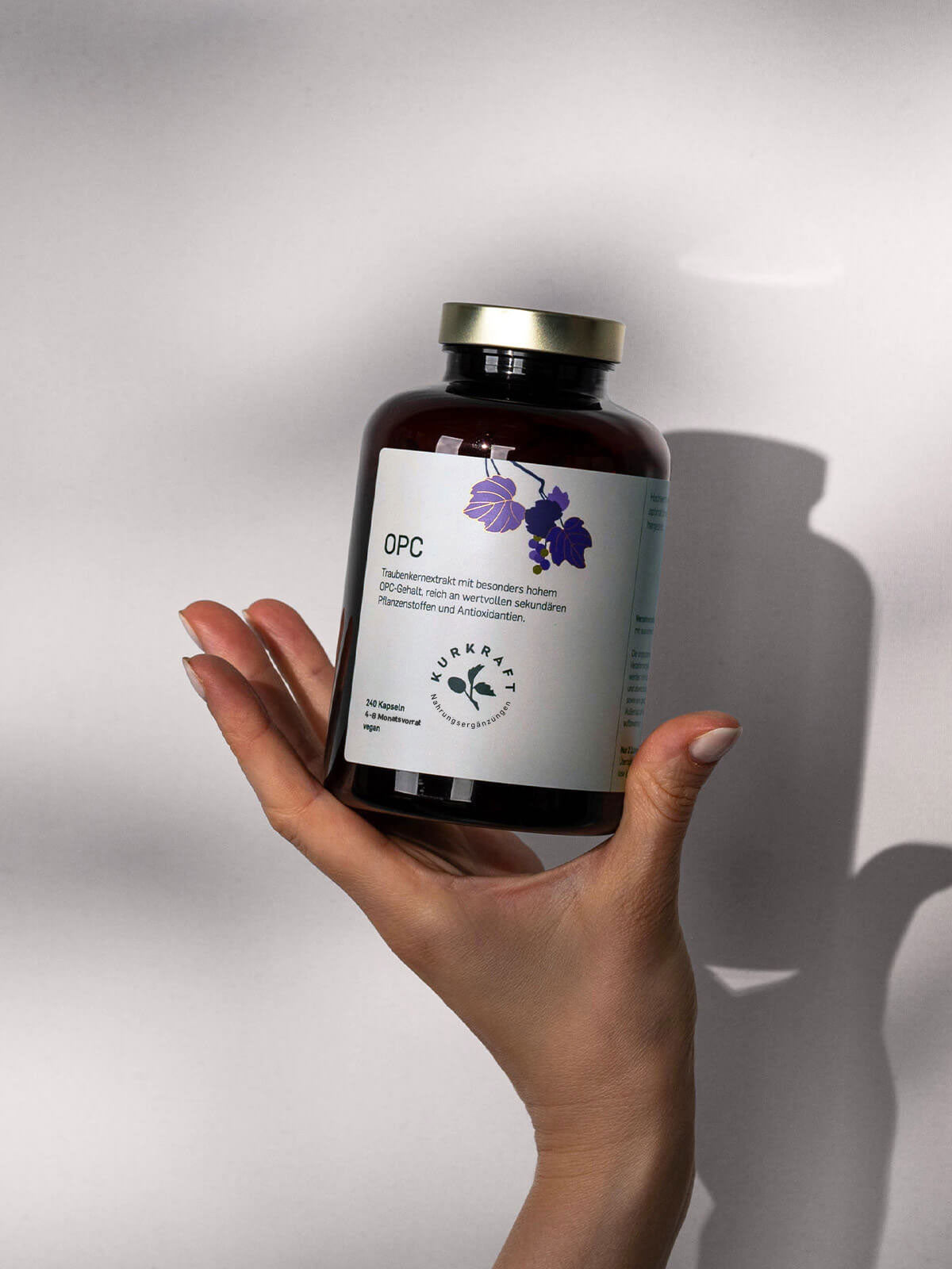 Hand hält eine Dose OPC Traubenkernextrakt Kapseln vor hellem Hintergrund – hochwertiges Nahrungsergänzungsmittel mit Antioxidantien.