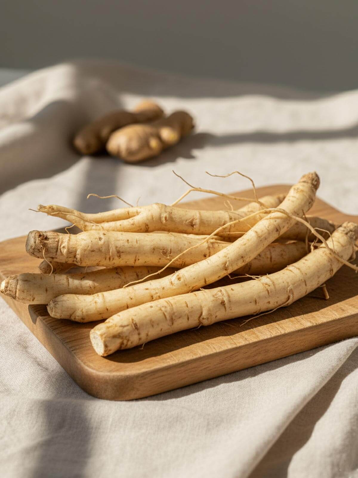 Frische Shatavari-Wurzeln auf einem Holzbrett – natürliche Basis für hochwertige Shatavari Kapseln von Kurkraft
