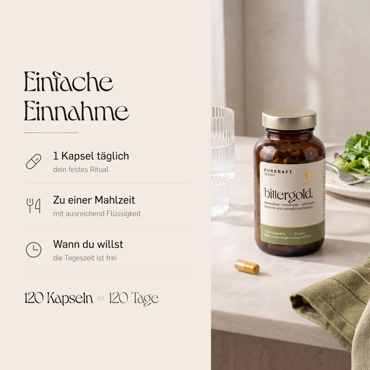 Einnahme der bittergold. Mariendistel-Kapseln: 1 Kapsel täglich zu einer Mahlzeit mit ausreichend Flüssigkeit, die Tageszeit ist frei, 120 Kapseln reichen 120 Tage