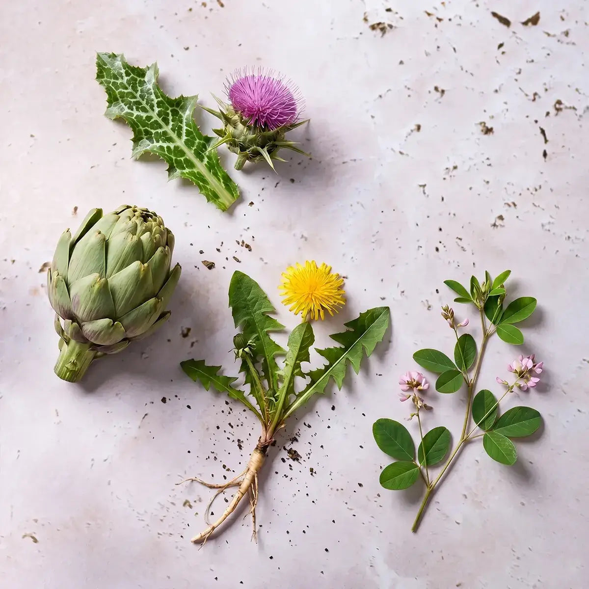 Mariendistel mit purpurner Blüte, Artischocke, Löwenzahn und Desmodium-Pflanze nebeneinander