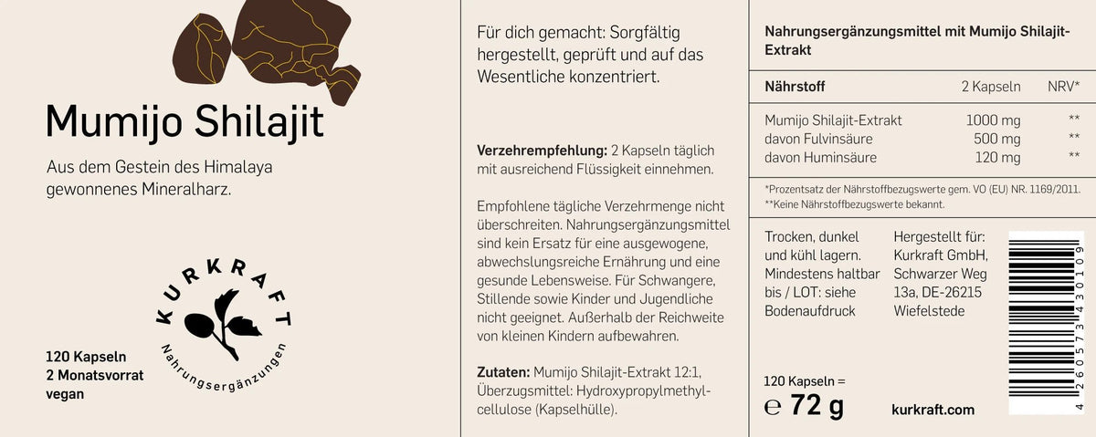 Etikett Mumijo Shilajit von Kurkraft mit Nährwerttabelle, Zutatenliste und Verzehrempfehlung
