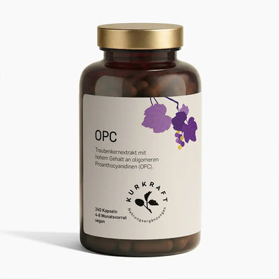 OPC Kapseln von KURKRAFT – 240 Stück Traubenkernextrakt in brauner Dose mit goldenem Deckel, vegan.
