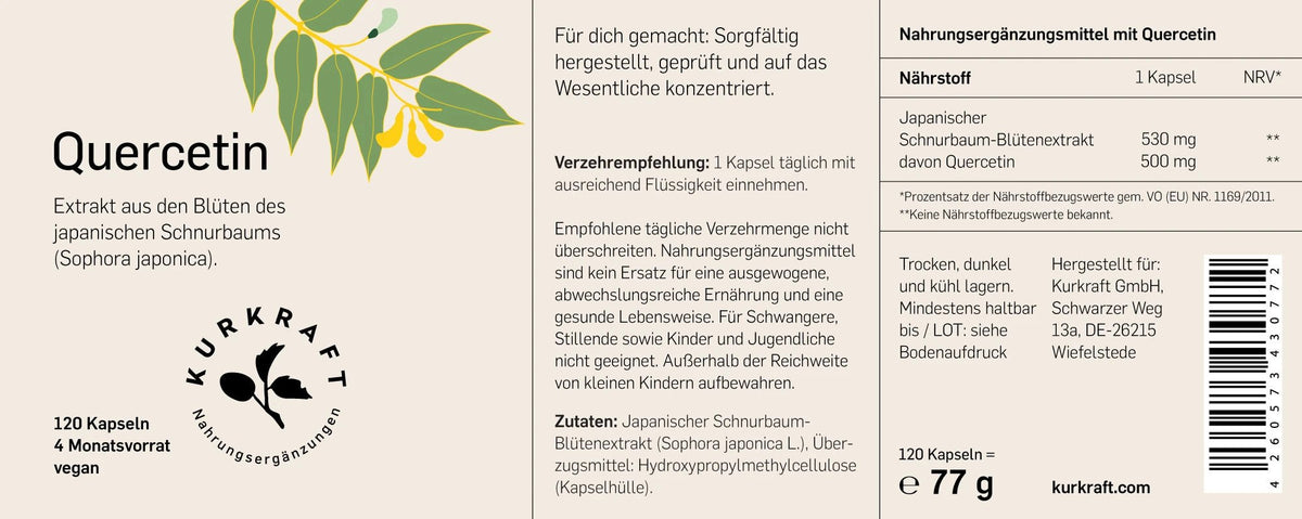 Etikett Quercetin Kapseln von Kurkraft mit Naehrwerttabelle, Zutatenliste und Verzehrempfehlung