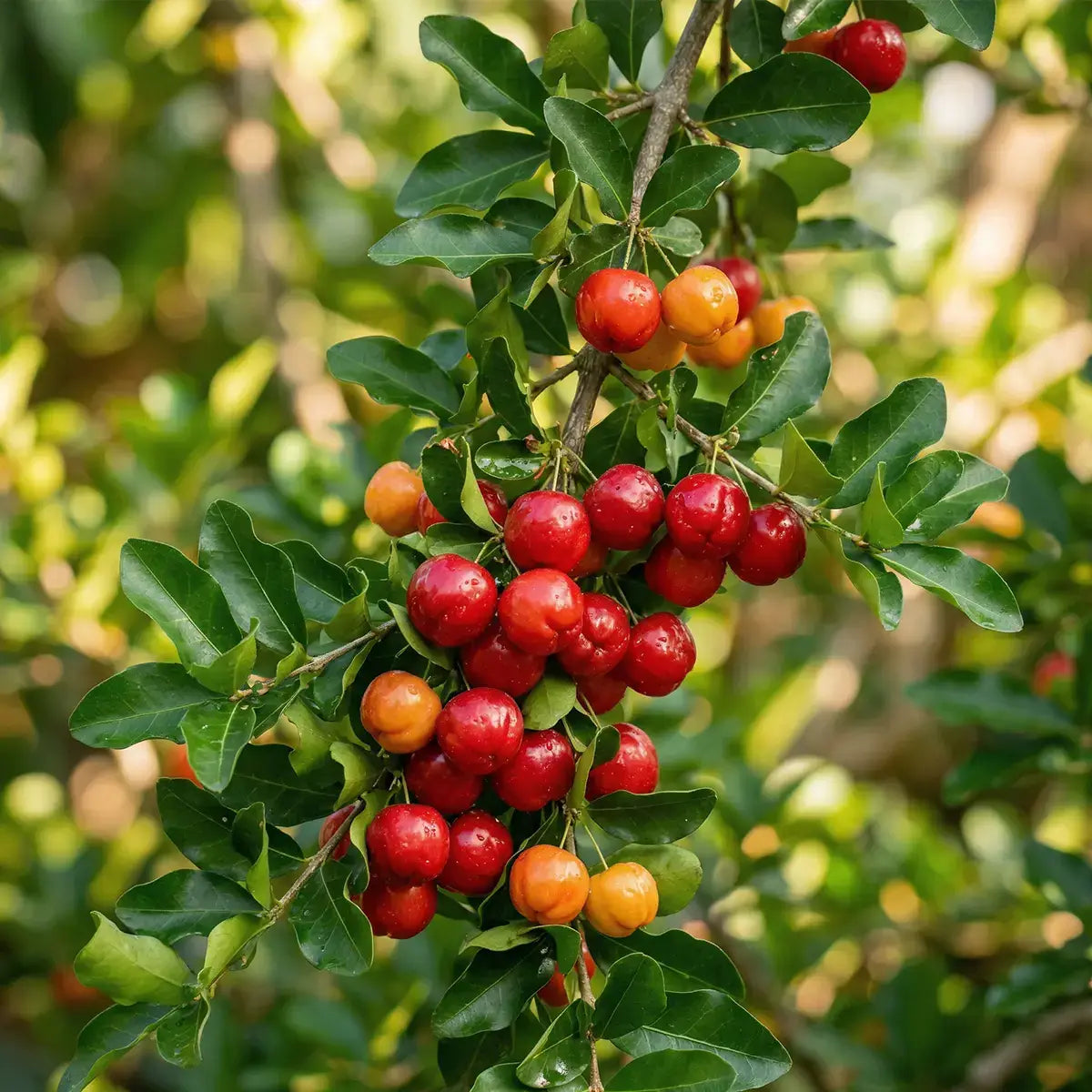 Reife Acerola-Kirschen an einem tropischen Strauch – Rohstoff für natürliches Vitamin C